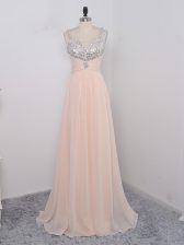 Super Sleeveless Floor Length Sequins Zipper Prom Party Dress with Peach