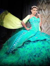  Turquoise Sleeveless Organza Brush Train Lace Up Sweet 16 Dresses for Military Ball and Sweet 16 and Quinceanera