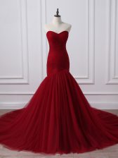 Fashionable Wine Red Lace Up Prom Dresses Ruching Sleeveless Court Train
