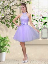 Trendy A-line Dama Dress for Quinceanera Lilac Halter Top Tulle Sleeveless Knee Length Lace Up