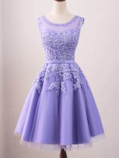  Lavender A-line Scoop Sleeveless Tulle Knee Length Lace Up Lace Dama Dress for Quinceanera
