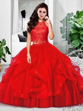 Suitable Tulle Halter Top Sleeveless Zipper Lace and Ruffles Quinceanera Gowns in Red