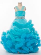  Baby Blue A-line Tulle V-neck Sleeveless Beading and Hand Made Flower Floor Length Lace Up Kids Formal Wear