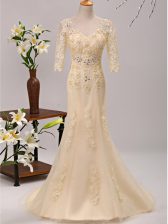  Champagne 3 4 Length Sleeve Beading and Lace and Appliques Lace Up Homecoming Dress