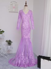  Lilac Homecoming Dress V-neck Long Sleeves Brush Train Side Zipper