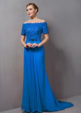 Beautiful Sweep Train Empire Dress for Prom Blue Off The Shoulder Chiffon Short Sleeves Zipper