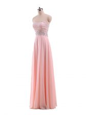 On Sale Pink Chiffon Zipper Strapless Sleeveless Floor Length Prom Dresses Beading