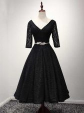 Wonderful A-line Prom Dress Black V-neck Lace Half Sleeves Ankle Length Lace Up