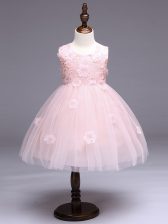 Knee Length Baby Pink Pageant Gowns For Girls Tulle Sleeveless Appliques and Bowknot