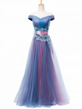 Great Multi-color Tulle Lace Up Prom Dress Sleeveless Floor Length Appliques and Ruching and Belt