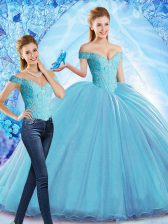  Baby Blue Quinceanera Gown Off The Shoulder Sleeveless Sweep Train Lace Up