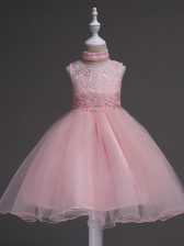  Organza Scoop Sleeveless Zipper Beading and Lace Little Girls Pageant Dress in Baby Pink
