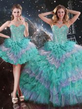  Sleeveless Floor Length Beading and Ruffled Layers Lace Up Quinceanera Dress with Multi-color