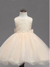  Champagne Organza Backless Scoop Sleeveless Knee Length Pageant Gowns For Girls Lace and Bowknot