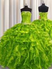 Flare Olive Green Sleeveless Floor Length Beading and Ruffles Lace Up 15 Quinceanera Dress