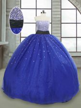 Beautiful Floor Length Lace Up 15th Birthday Dress Royal Blue for Military Ball and Sweet 16 and Quinceanera with Beading and Sequins