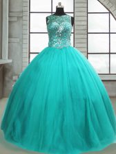 Excellent Turquoise Lace Up Scoop Beading Sweet 16 Dresses Tulle Sleeveless