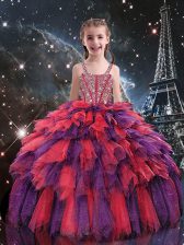  Beading and Ruffles Kids Formal Wear Coral Red Lace Up Sleeveless Floor Length