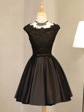 Deluxe Scoop Sleeveless Prom Evening Gown Mini Length Lace and Appliques Black Satin