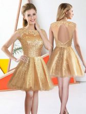  Champagne Organza Backless Bateau Sleeveless Knee Length Quinceanera Court of Honor Dress Beading and Lace