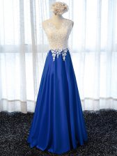  Royal Blue Empire Scoop Sleeveless Elastic Woven Satin Floor Length Zipper Lace and Appliques Prom Dress