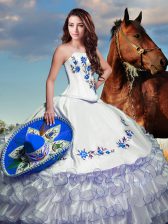 Pretty White Sweet 16 Dresses Military Ball and Sweet 16 and Quinceanera with Embroidery and Ruffled Layers Strapless Long Sleeves Lace Up