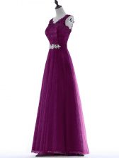 Graceful Empire Prom Evening Gown Purple V-neck Tulle Sleeveless Floor Length Zipper