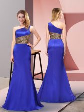Custom Fit One Shoulder Sleeveless Side Zipper Prom Dress Royal Blue Elastic Woven Satin