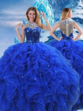  Royal Blue Sleeveless Ruffles and Sequins Floor Length Sweet 16 Dress