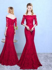 Custom Design Wine Red Mermaid Lace Off The Shoulder Half Sleeves Lace Floor Length Lace Up Dama Dress
