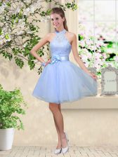 Cute Lavender Dama Dress for Quinceanera Prom and Party with Lace and Belt Halter Top Sleeveless Lace Up