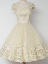 Enchanting Square Cap Sleeves Quinceanera Court Dresses Knee Length Lace Light Yellow Tulle