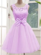  Lilac A-line Tulle Scoop Sleeveless Lace and Bowknot Knee Length Lace Up Dama Dress for Quinceanera