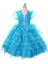 Custom Design Baby Blue Lace Up Halter Top Beading and Ruffled Layers and Bowknot Pageant Gowns For Girls Organza Sleeveless
