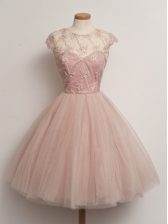 Designer Knee Length Peach Quinceanera Court of Honor Dress Tulle Cap Sleeves Lace