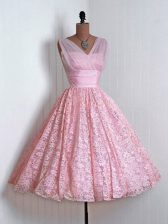  Baby Pink Court Dresses for Sweet 16 Prom and Party and Wedding Party with Lace V-neck Sleeveless Lace Up