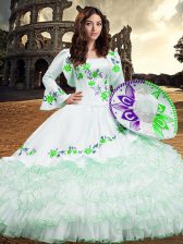  White Ball Gowns Organza Square Long Sleeves Embroidery and Ruffled Layers Floor Length Lace Up Sweet 16 Quinceanera Dress