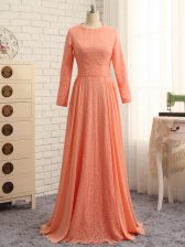 Cute Orange Column/Sheath Chiffon Scoop Long Sleeves Lace Floor Length Zipper Evening Dress