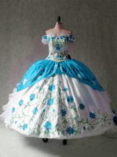 Popular Cap Sleeves Floor Length Embroidery and Ruffles Lace Up Sweet 16 Quinceanera Dress with Blue And White