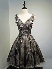 Designer Tulle V-neck Sleeveless Lace Up Hand Made Flower Dress for Prom in Black