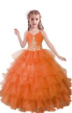 Beautiful V-neck Sleeveless Zipper Child Pageant Dress Orange Red Organza