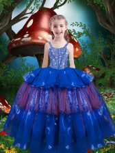 Glorious Floor Length Lace Up Little Girl Pageant Dress Blue for Quinceanera and Wedding Party with Beading and Ruffled Layers