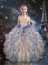  Straps Sleeveless Little Girl Pageant Dress Floor Length Beading and Ruffles Multi-color Organza