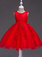  Sleeveless Knee Length Appliques Zipper Child Pageant Dress with Red