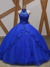  Royal Blue Halter Top Lace Up Appliques Ball Gown Prom Dress Brush Train Sleeveless