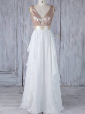 Glamorous Chiffon V-neck Sleeveless Backless Ruffles and Sequins Quinceanera Court of Honor Dress in White