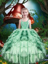  Floor Length Lace Up Kids Pageant Dress Apple Green for Quinceanera and Wedding Party with Beading and Ruffles and Ruffled Layers