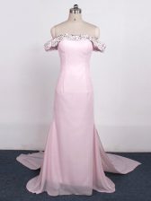 Noble Baby Pink Zipper Prom Evening Gown Beading Sleeveless Watteau Train
