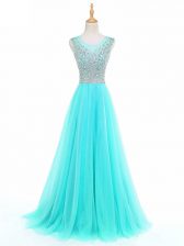  Scoop Sleeveless Side Zipper Prom Dresses Aqua Blue Tulle