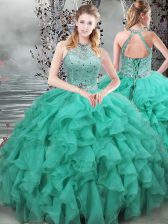  Turquoise Ball Gowns Organza Scoop Sleeveless Beading and Ruffles Lace Up Sweet 16 Dresses Brush Train